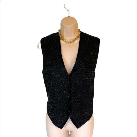 Sellecca Black vintage 80’s 90’s sequins glitter vest Medium adjustable back - Picture 4 of 11